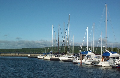 Sailboats docked in the Washburn Marina.